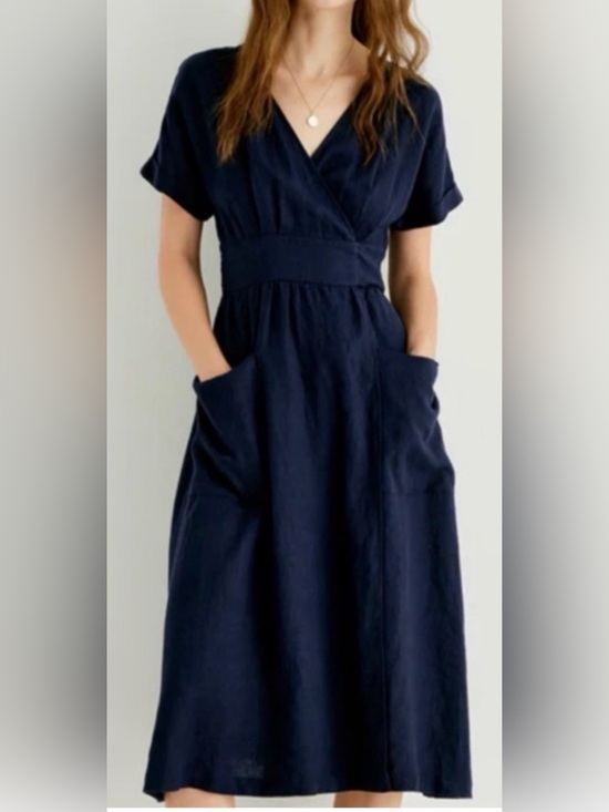 Grae Cove Dresses & Skirts - Grae Cove Navy Linen Wrap-Style Pocket Midi Dress